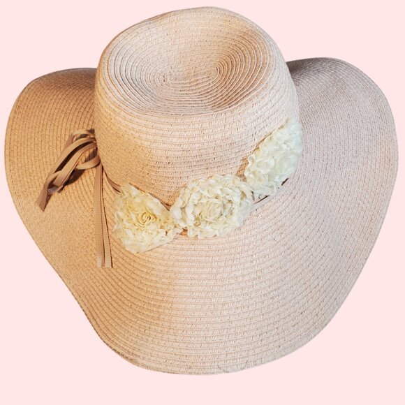 Wide Brim Floppy Woven Tropical Beach Hat w/ Flower & Hat Band by August Hat Co. - Picture 1 of 7